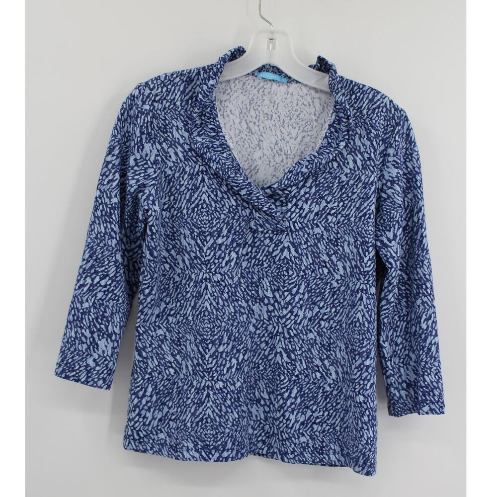 J Mclaughlin Blue Patterned Ruffle Neck 3/4 Sleeve Medium